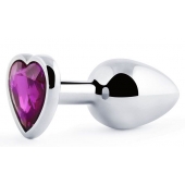Серебристая анальная пробка с фиолетовым кристаллом-сердечком - 8 см. - Anal Jewelry Plug - купить с доставкой в Димитровграде