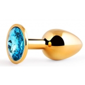 Золотистая анальная пробка с голубым стразом - 7,2 см. - Anal Jewelry Plug - купить с доставкой в Димитровграде