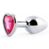 Серебристая анальная пробка с розовым кристаллом-сердечком - 7 см. - Anal Jewelry Plug - купить с доставкой в Димитровграде