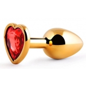 Золотистая анальная пробка с красным стразом-сердечком - 7 см. - Anal Jewelry Plug - купить с доставкой в Димитровграде