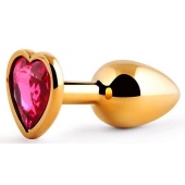 Золотистая анальная пробка с малиновым кристаллом-сердечком - 7 см. - Anal Jewelry Plug - купить с доставкой в Димитровграде