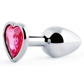 Серебристая анальная пробка с малиновым кристаллом-сердечком - 7 см. - Anal Jewelry Plug - купить с доставкой в Димитровграде