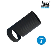 Черная открытая насадка на пенис с кольцом для мошонки L-size - 8,5 см. - Sex Expert - в Димитровграде купить с доставкой