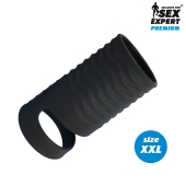 Черная открытая насадка на пенис с кольцом для мошонки XXL-size - 9,4 см. - Sex Expert - в Димитровграде купить с доставкой