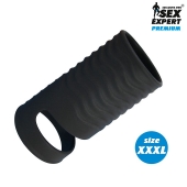 Черная открытая насадка на пенис с кольцом для мошонки XXXL-size - 9,9 см. - Sex Expert - в Димитровграде купить с доставкой