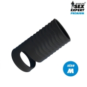 Черная открытая насадка на пенис с кольцом для мошонки size M - 7,9 см. - Sex Expert - в Димитровграде купить с доставкой