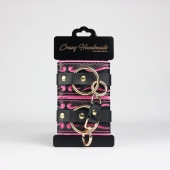 Черные кожаные наручники с розовой строчкой - Crazy Handmade - купить с доставкой в Димитровграде