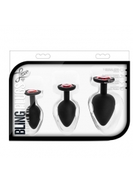 Набор черных анальных пробок с красным кристаллом-сердечком Bling Plugs Training Kit - Blush Novelties - купить с доставкой в Димитровграде