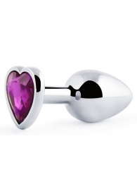 Серебристая анальная пробка с фиолетовым кристаллом-сердечком - 8 см. - Anal Jewelry Plug - купить с доставкой в Димитровграде