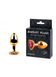 Золотистая анальная пробка с малиновым кристаллом-сердечком - 7 см. - Anal Jewelry Plug - купить с доставкой в Димитровграде