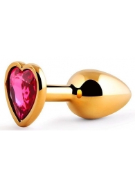 Золотистая анальная пробка с малиновым кристаллом-сердечком - 7 см. - Anal Jewelry Plug - купить с доставкой в Димитровграде