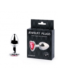 Серебристая анальная пробка с малиновым кристаллом-сердечком - 7 см. - Anal Jewelry Plug - купить с доставкой в Димитровграде