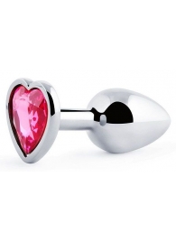 Серебристая анальная пробка с малиновым кристаллом-сердечком - 7 см. - Anal Jewelry Plug - купить с доставкой в Димитровграде
