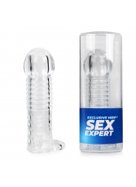 Прозрачная рельефная насадка-реалистик с петлей для мошонки - 13,5 см. - Sex Expert - в Димитровграде купить с доставкой