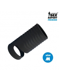 Черная открытая насадка на пенис с кольцом для мошонки size M - 7,9 см. - Sex Expert - в Димитровграде купить с доставкой