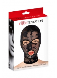 Черная кружевная маска на голову с отверстиями для глаз и рта - Fetish Tentation - купить с доставкой в Димитровграде
