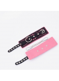 Черно-розовые кожаные наручники с розовой строчкой - Crazy Handmade - купить с доставкой в Димитровграде