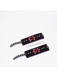 Черные кожаные наручники с красным декором и строчкой - Crazy Handmade - купить с доставкой в Димитровграде