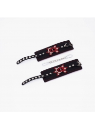 Черные кожаные наручники с красным декором и строчкой - Crazy Handmade - купить с доставкой в Димитровграде