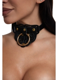 Черный фигурный кожаный ошейник с золотистой фурнитурой - Crazy Handmade - купить с доставкой в Димитровграде