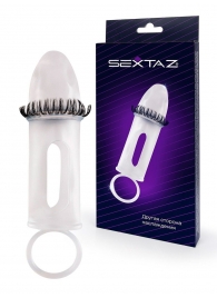 Закрытая насадка на пенис с подхватом мошонки и стимулирующими «ресничками» - Sextaz - в Димитровграде купить с доставкой