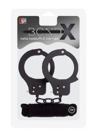 Чёрные наручники из листового металла в комплекте с веревкой BONDX METAL CUFFS LOVE ROPE SET - Dream Toys - купить с доставкой в Димитровграде