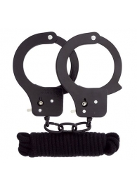 Чёрные наручники из листового металла в комплекте с веревкой BONDX METAL CUFFS LOVE ROPE SET - Dream Toys - купить с доставкой в Димитровграде