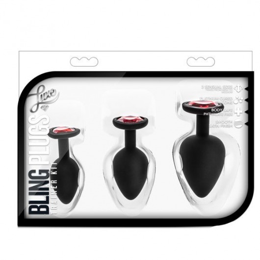 Набор черных анальных пробок с красным кристаллом-сердечком Bling Plugs Training Kit - Blush Novelties - купить с доставкой в Димитровграде