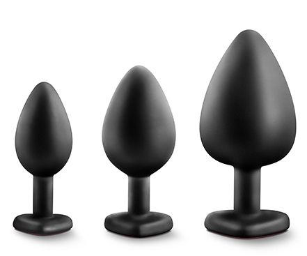 Набор черных анальных пробок с красным кристаллом-сердечком Bling Plugs Training Kit - Blush Novelties - купить с доставкой в Димитровграде