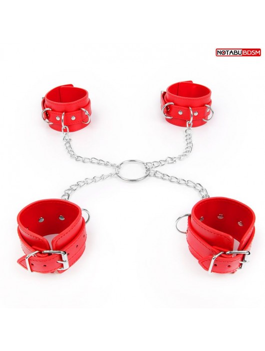 Комплект красных наручников и оков на металлических креплениях с кольцом - Notabu - купить с доставкой в Димитровграде