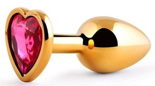 Золотистая анальная пробка с малиновым кристаллом-сердечком - 7 см. - Anal Jewelry Plug - купить с доставкой в Димитровграде