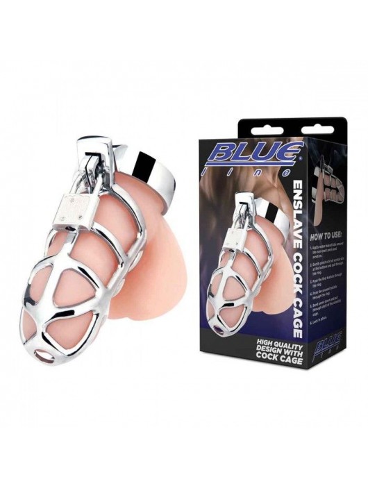 Серебристая металлическая клетка для члена с замком Enslave Cock Cage - BlueLine - купить с доставкой в Димитровграде