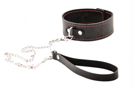 Черный широкий ошейник с красной строчкой и поводком - Crazy Handmade - купить с доставкой в Димитровграде