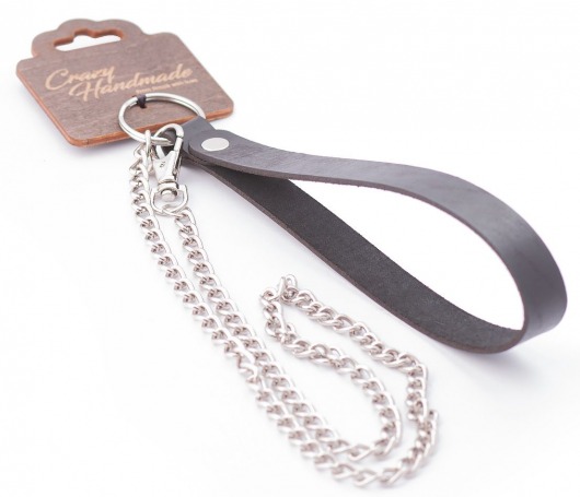 Серебристый металлический поводок с кожаной черной ручкой - 80 см. - Crazy Handmade - купить с доставкой в Димитровграде