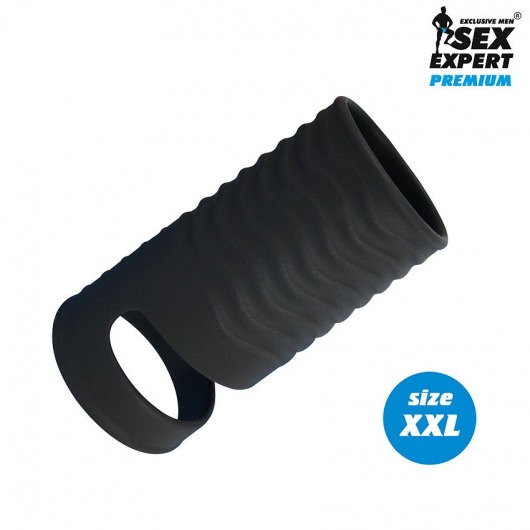 Черная открытая насадка на пенис с кольцом для мошонки XXL-size - 9,4 см. - Sex Expert - в Димитровграде купить с доставкой