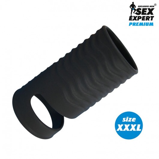 Черная открытая насадка на пенис с кольцом для мошонки XXXL-size - 9,9 см. - Sex Expert - в Димитровграде купить с доставкой