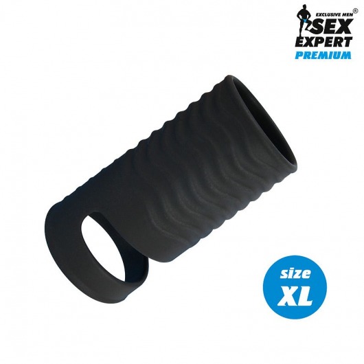 Черная открытая насадка на пенис с кольцом для мошонки XL-size - 8,9 см. - Sex Expert - в Димитровграде купить с доставкой