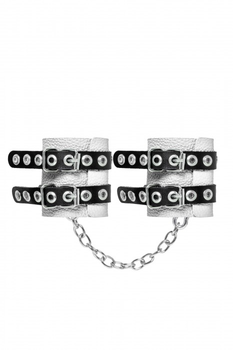 Бело-черные наручники с двумя ремешками и люверсами - Pecado - купить с доставкой в Димитровграде