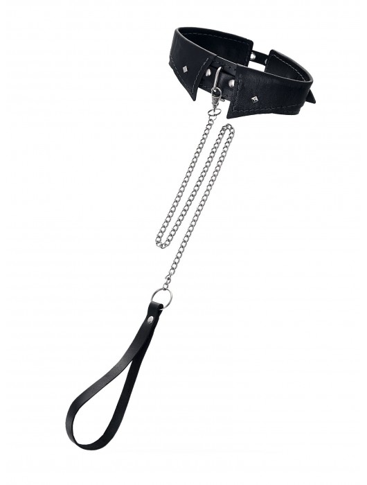 Черный кожаный ошейник-воротник с поводком - Pecado - купить с доставкой в Димитровграде