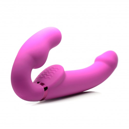 Розовый безремневой страпон с вибрацией и функцией расширения Inflatable Ergo-Fit Strapless Strap-On - XR Brands - купить с доставкой в Димитровграде