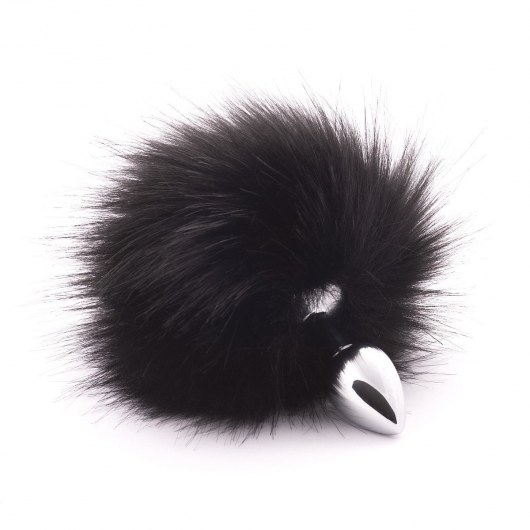 Серебристая анальная пробка с черным хвостиком из искусственного меха - Crazy Handmade