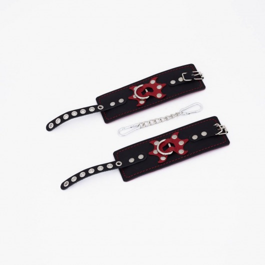 Черные кожаные наручники с красным декором и строчкой - Crazy Handmade - купить с доставкой в Димитровграде