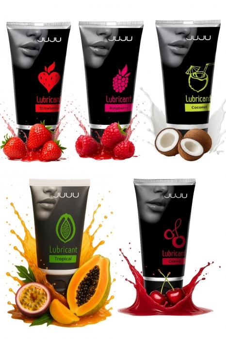 Набор из 5 съедобных лубрикантов JUJU (клубника, малина, тропические фрукты, вишня, кокос) - JuJu - купить с доставкой в Димитровграде
