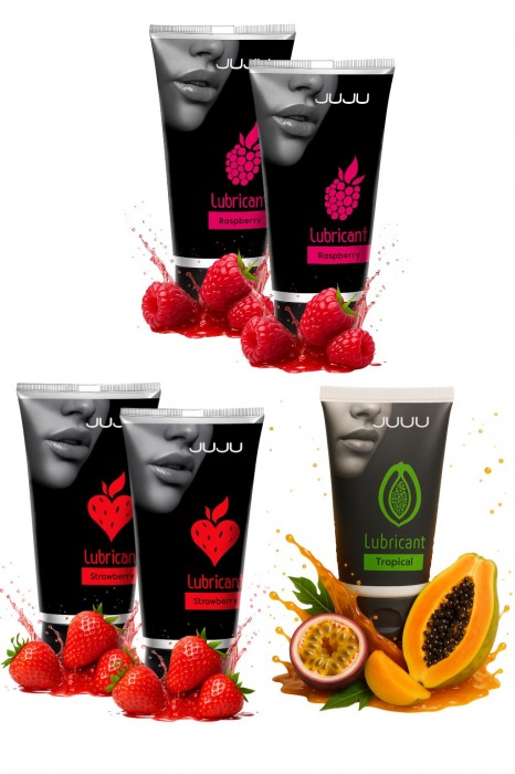 Набор из 5 съедобных лубрикантов JUJU (клубника х 2, малина х 2, тропические фрукты) - JuJu - купить с доставкой в Димитровграде