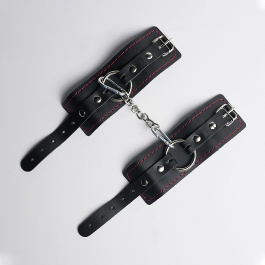 Черные кожаные наручники с красной строчкой - Crazy Handmade - купить с доставкой в Димитровграде
