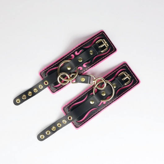 Черные кожаные наручники с розовой строчкой - Crazy Handmade - купить с доставкой в Димитровграде