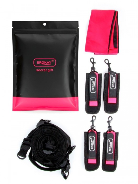 Черно-розовый эротический набор: фиксатор, оковы, наручники, повязка - Erokay - купить с доставкой в Димитровграде