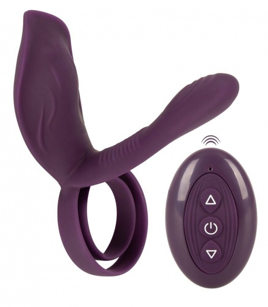 Фиолетовая насадка на член с клиторальным отростком и пультом ДУ RC Couple’s Vibrator 2 - Orion - в Димитровграде купить с доставкой