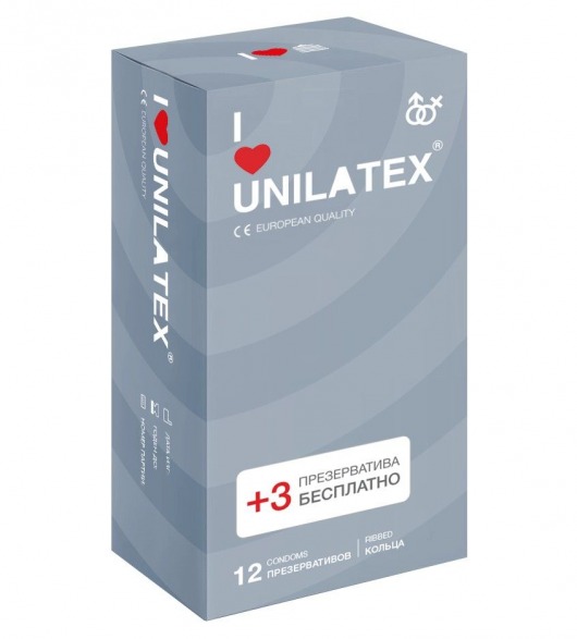 Презервативы с рёбрами Unilatex Ribbed - 12 шт. + 3 шт. в подарок - Unilatex - купить с доставкой в Димитровграде